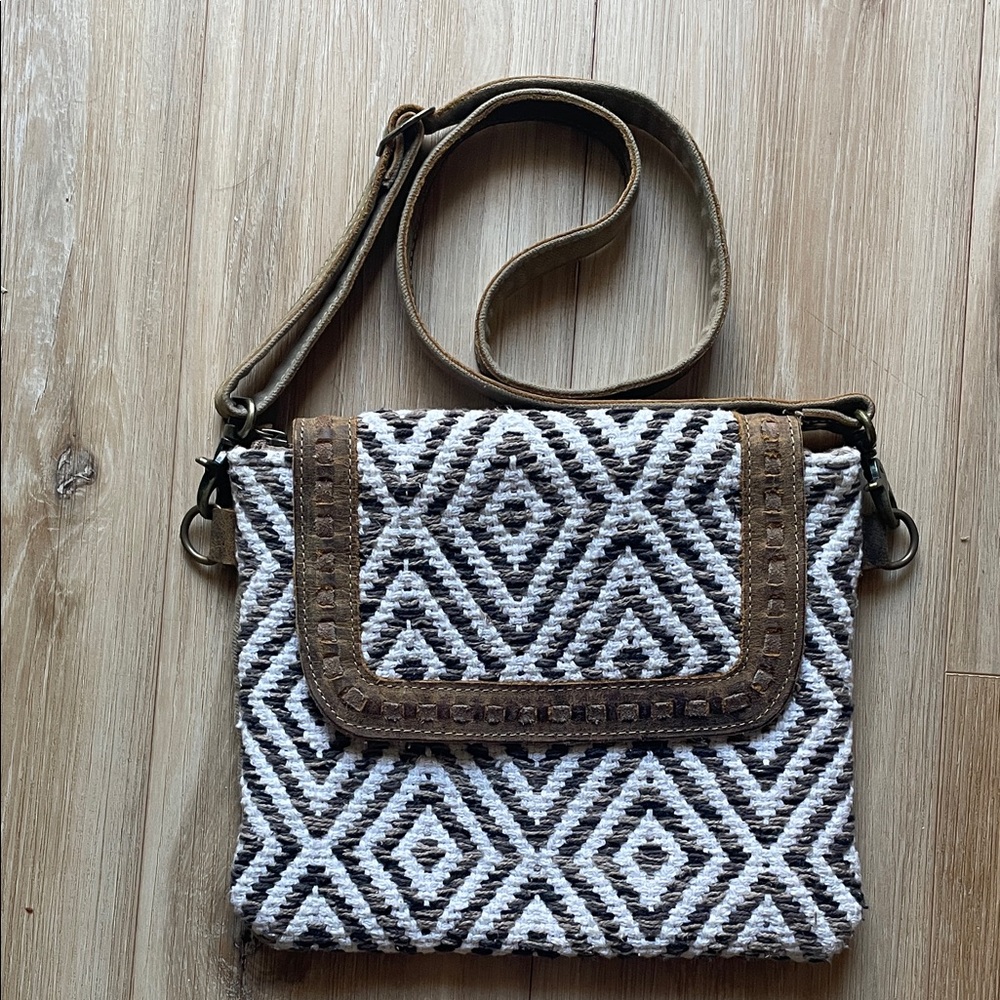 Myra Bag Brown Leather Trim Cream and Olive Geometric Design Crossbody Bag